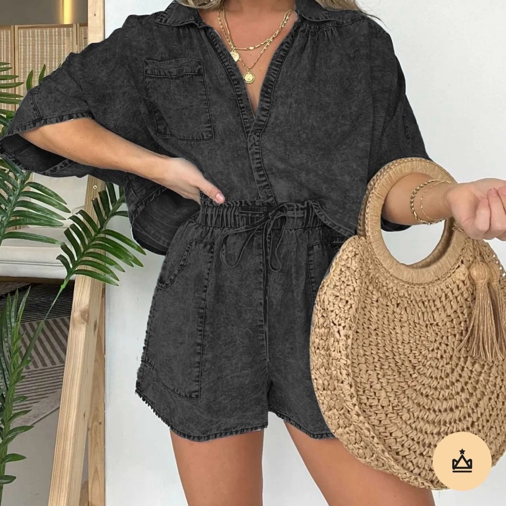 Black denim washed two piece set